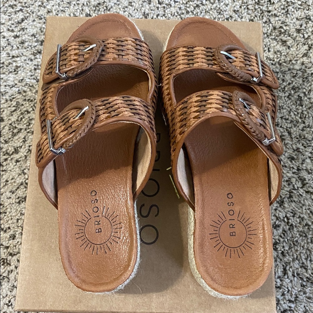 Brioso Fenney Brown Woven Double Buckle Banded Platform Slide Sandal, worn 5x - Picture 8 of 12
